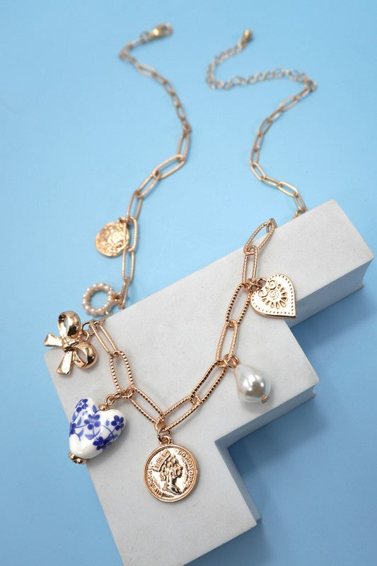Blue Ceramic heart charm necklace
