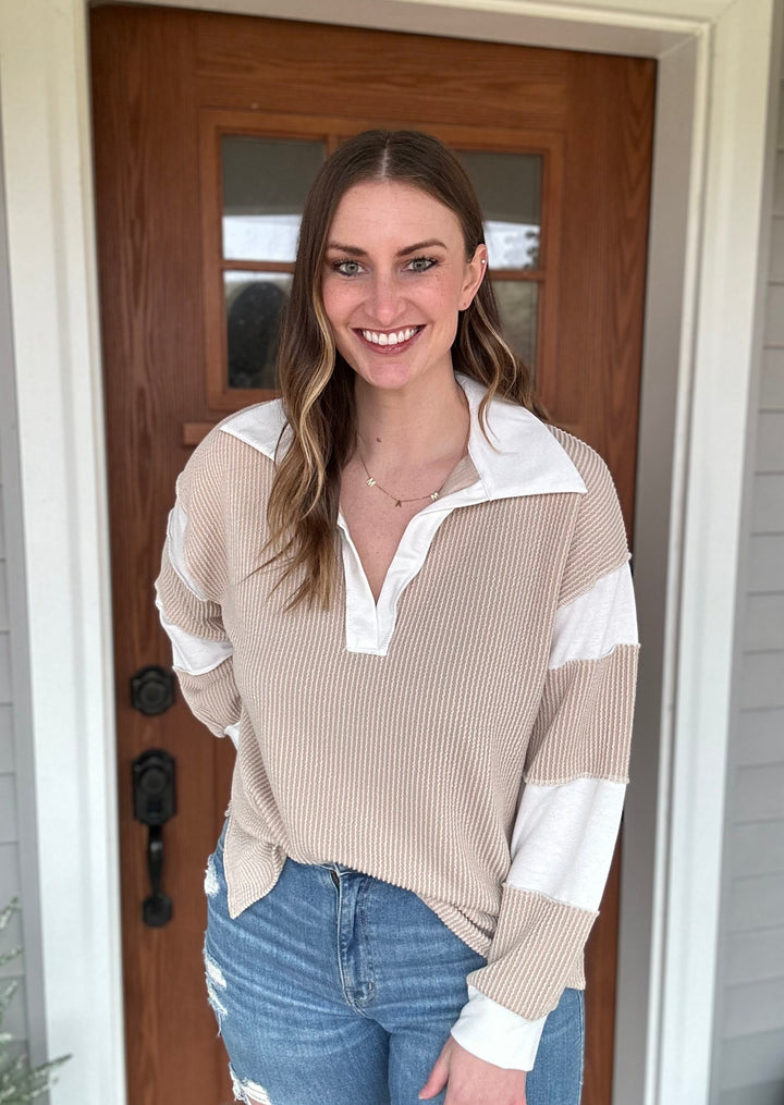 Beige and white top